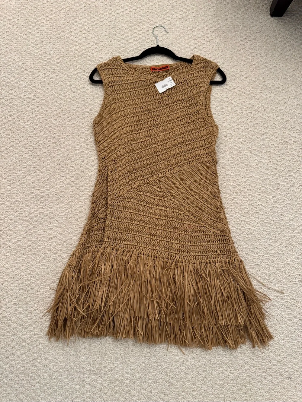 Simon Miller Crochet Fringe Sleeveless Dress in Tan